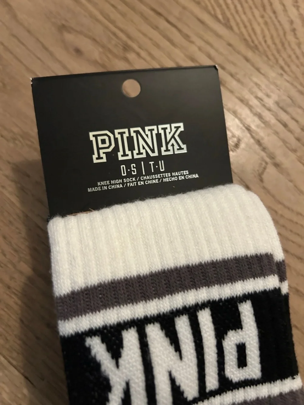 PINK White Knee Socks with Black and Gray Stripes One Size - Picture 2 of 3